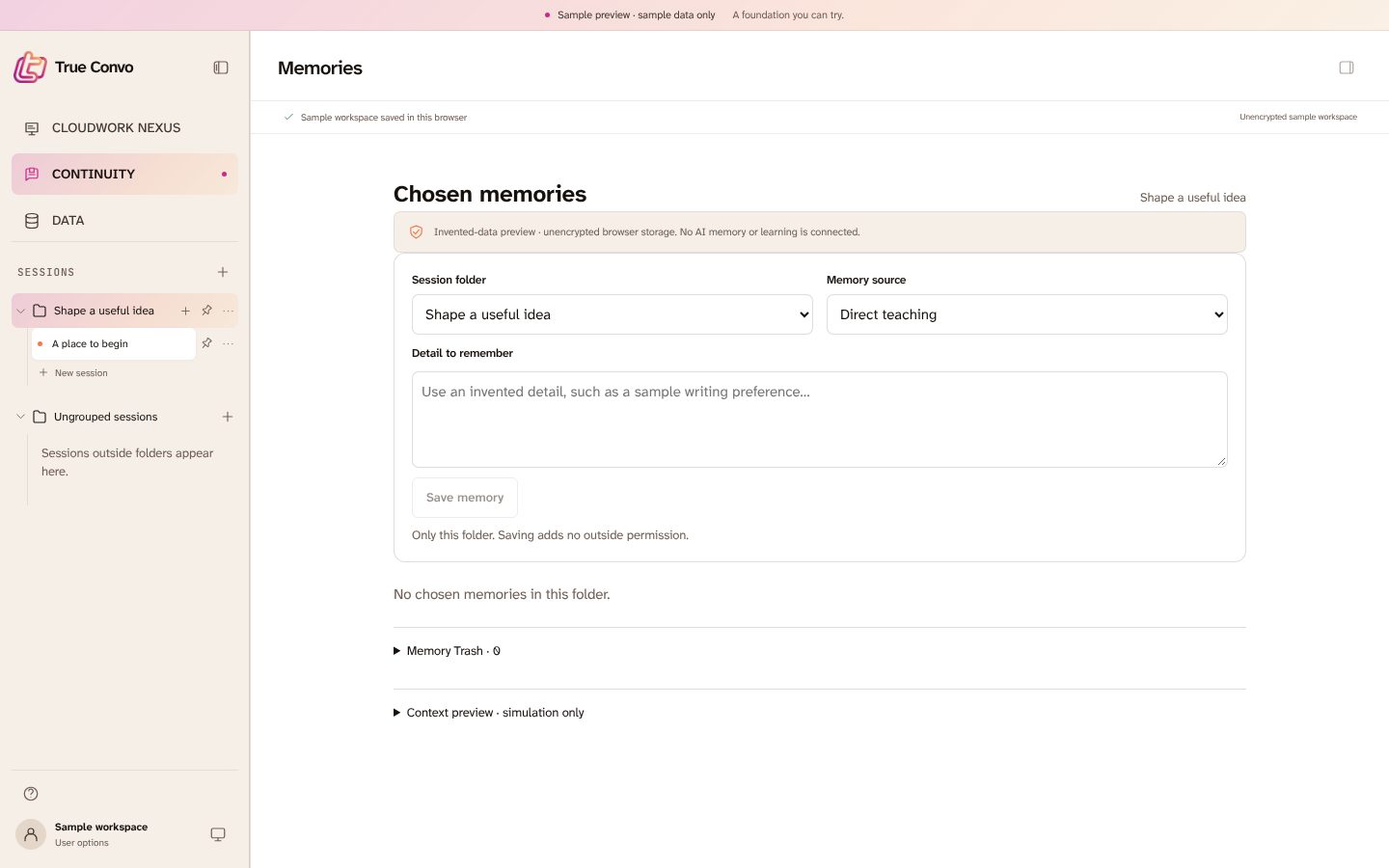 The Chosen memories screen: pick a folder, type a detail to remember, and save it.